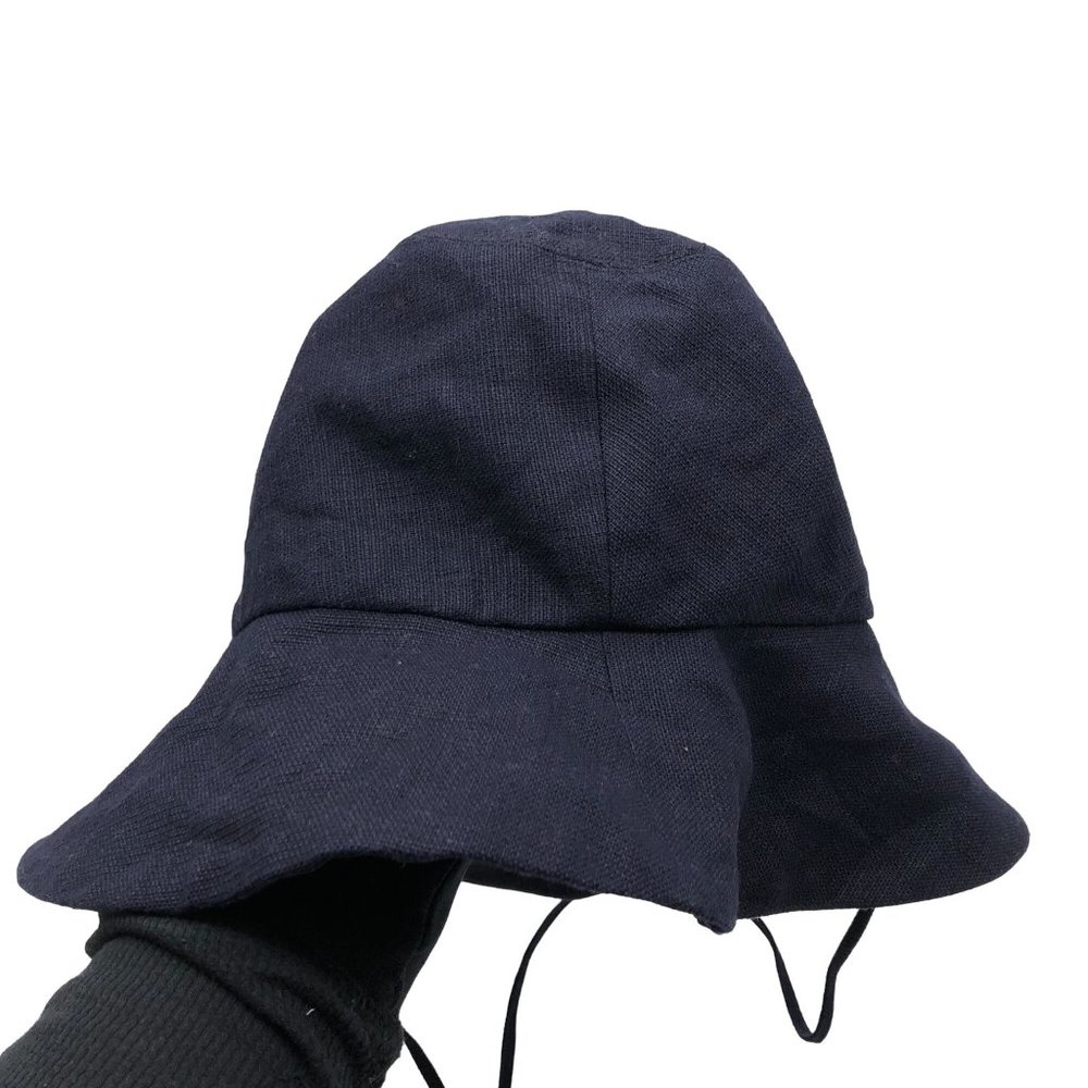 CLYDE Linen Fisherman Hat Navy Blue Tie String Bucket Hat Womens OS Sun Hat